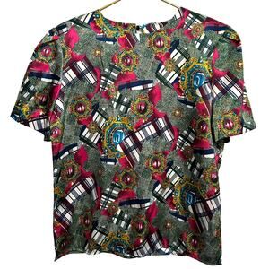 Vintage 80s Laura Winston Gemstone Print Satin Blouse Glam Party Shoulder Pads S